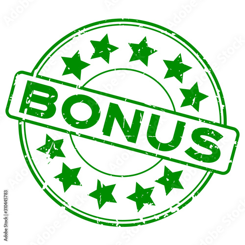 Grunge green bonus with star icon round rubber seal stamp on white background