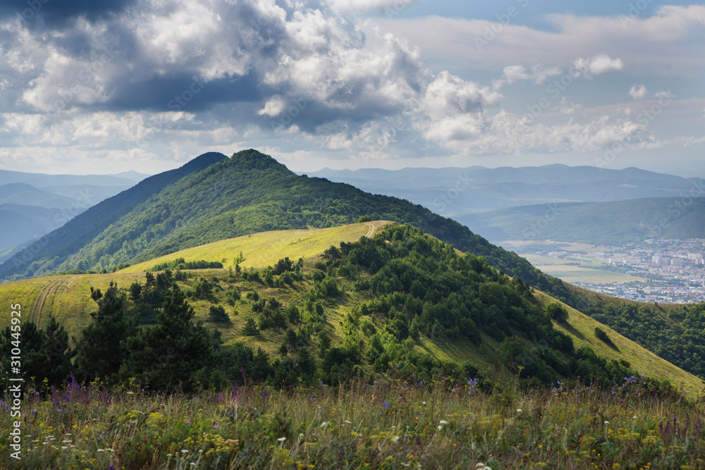 panorama of the Caucasus mountains. The greater Caucasus mountain range, grass, blue sky, pine. 