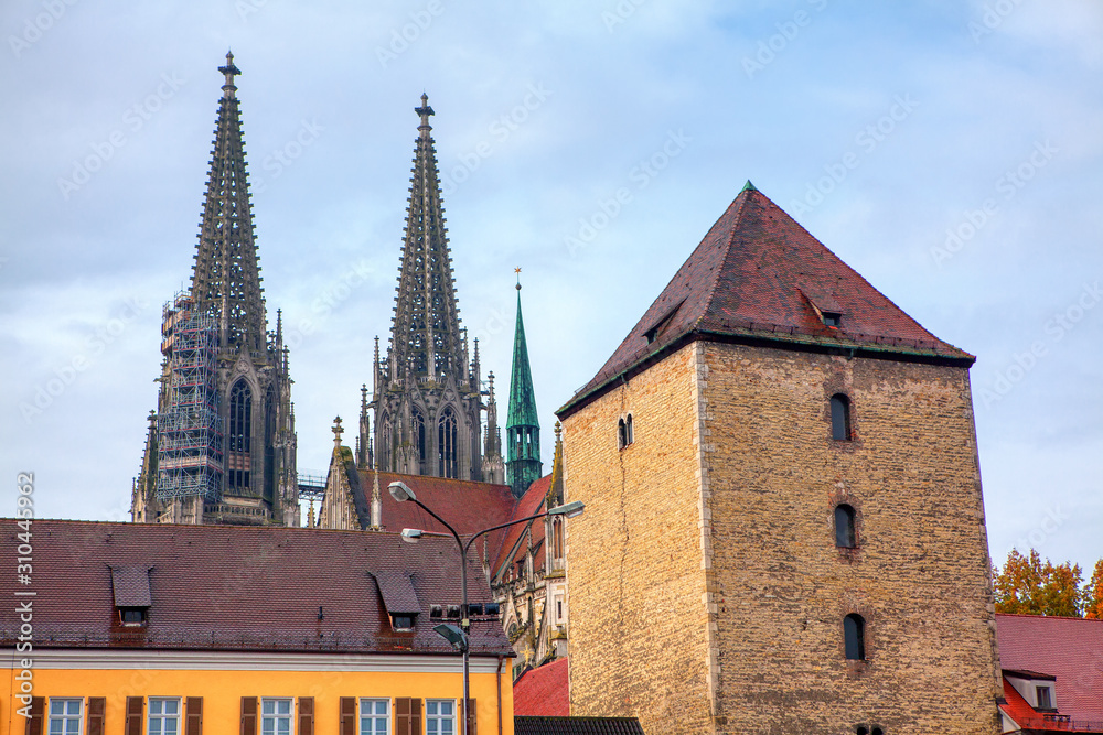 Fototapeta premium Spire of St Peter Cathedral in Regensburg Germany 