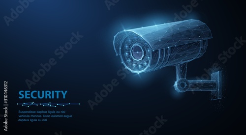 Security camera. Vector low pole illustration. Isolated on blue. Security system, smart home concept