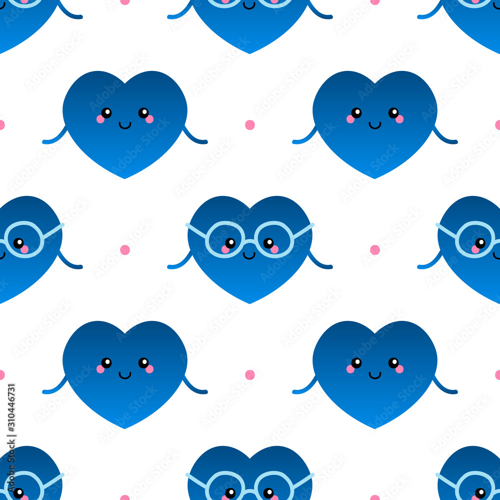 Obraz premium Cute vector seamless pattern background with blue hearts and dots for Valentines Day design, decoration.