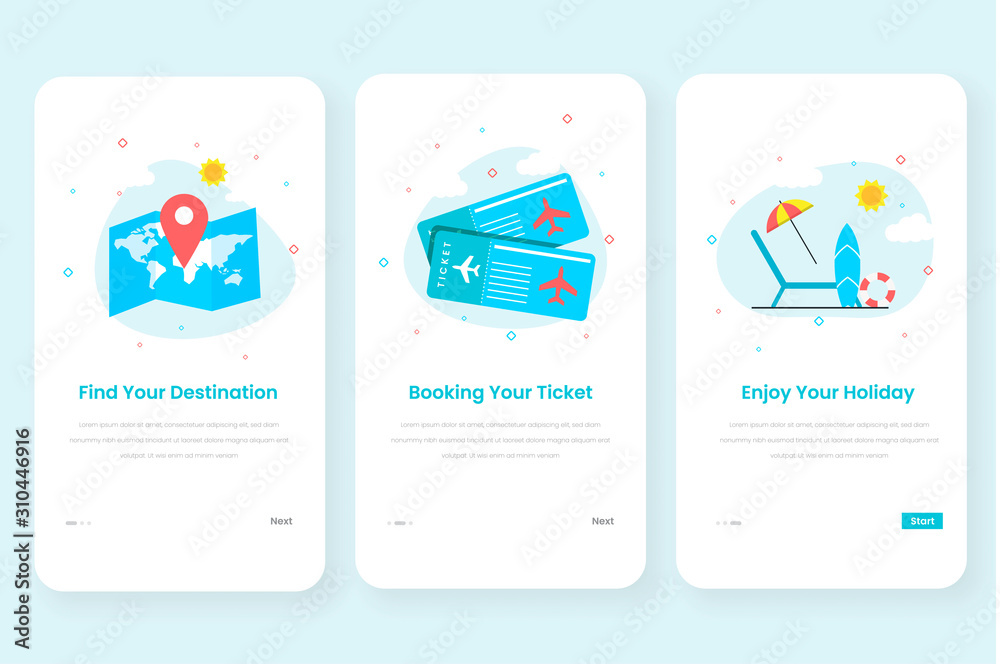 Travel onboarding screen user interface kit for mobile app templates ...