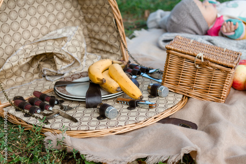 gardening tools in basket