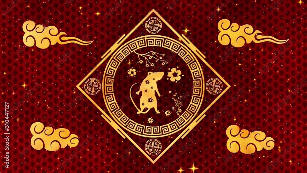 Red Chinese New Year background with gold, rat, fireworks, 3D rendering loop 4k. Magical Happy new year animation. Red Chinese New Year background with gold, rat, fireworks, 3D rendering loop 4k. Magical Happy new year animation.