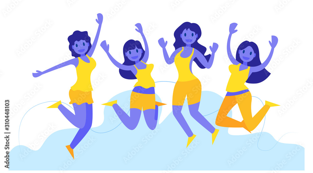 Motivational concept for landing page. Template for website or web page with stylish modern vector illustration. Group of young joyful jumping and dancing people with raised hands. Vector