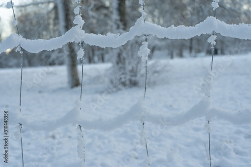 Snowy fence. Scandinavian winter wallpaper. Landscape, nature photo. Sweden
