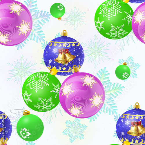 Creative composition with Christmas balls and snowflakes. Seamless background.