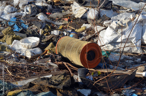 Nature near Ukrainian capital. Trash burning. Air pollution. Environmental contamination. Illegal junk dump. Near Kiev, Ukraine