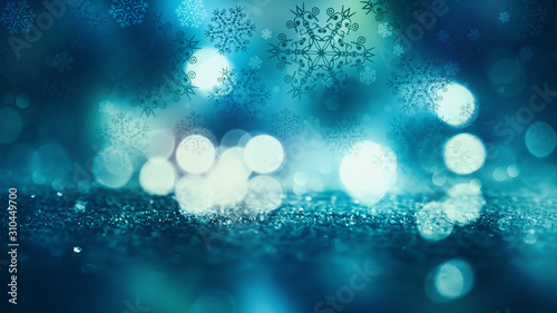 Brilliant festive winter background with neon glow. Falling snowflakes, blurry lights. Magic particles © Laura Сrazy