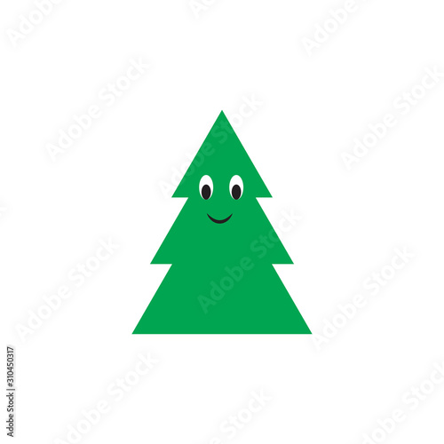 Cartoon face green flat vector Christmas tree icon isolated on a white background.Happy,smiling pine x mas tree icon.
