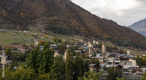 Evening view of Mestia village in Svaneti in the mountainous part of Georgia