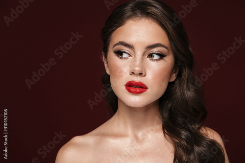 Image of gorgeous shirtless woman with beautiful makeup looking aside