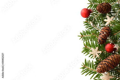 Christmas decorative border with green tree twigs isolated on white