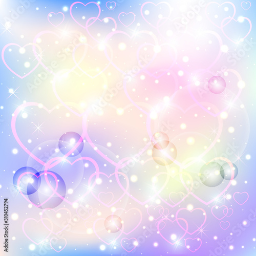 Beautiful gentle pastel color bokeh background. Pink tender hearts on a pastel background with flickering highlights and stars.