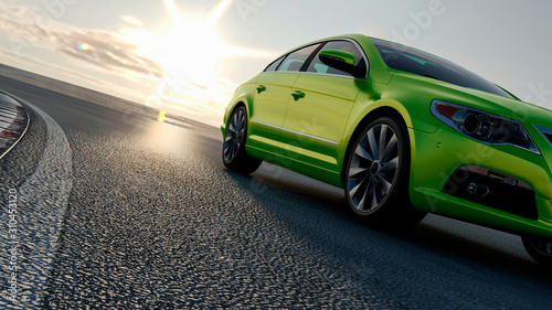 3d car sedan rides on the road to meet the sun, concept 3d render for advertising auto products