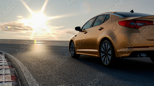 3d car sedan rides on the road to meet the sun, concept 3d render for advertising auto products