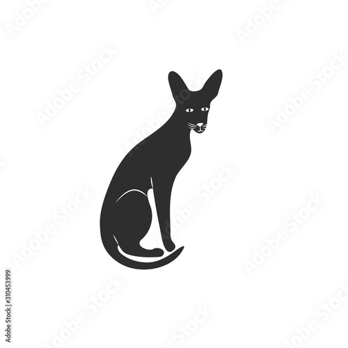 Cute character black style of cat. Simple silhouette icon of oriental shorthair breed for different design. 