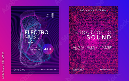 Electro event. Dynamic fluid shape and line. Geometric concert banner set. Electro event neon flyer. Trance dance music. Electronic sound. Club fest poster. Techno dj party.