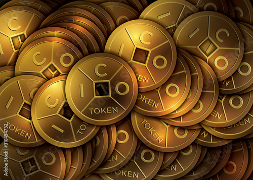 ICO token background. ICO - Initial Coin Offering. Golden ICO token. Lucky feng shui coin.