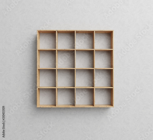 Fototapeta Naklejka Na Ścianę i Meble -  wooden empty bookshelf on grey wall, 3d render image