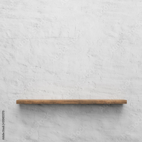 Fototapeta Naklejka Na Ścianę i Meble -  wooden shelf over grunge, rustic wall, suitable for product display, 3D render image