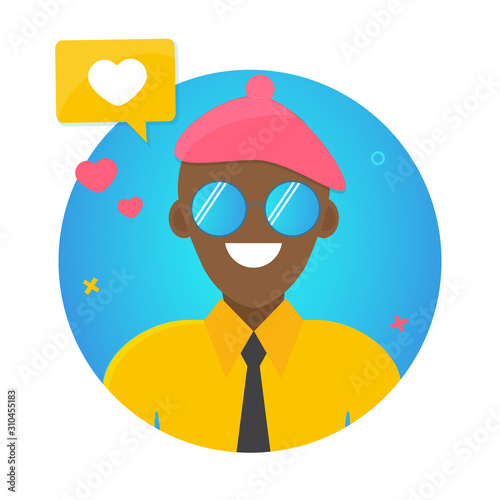 Blogger concept icon. Popular Young smiling Man with like simbol. Social Media avatar. Blog. Online Channel. Vector illustration.