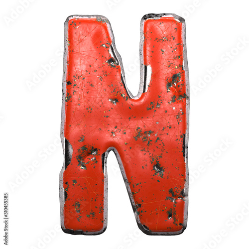 Capital letter N made of red paintad metal isolated on white background. 3d photo