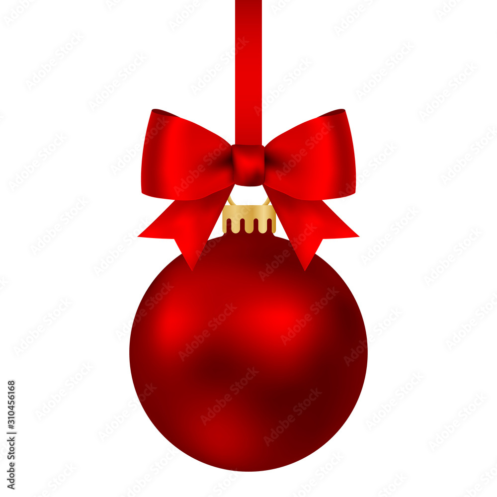 Red Christmas ball on a ribbon with a beautiful bow isolated on white Red Christmas ball on a ribbon with a beautiful bow isolated on white
