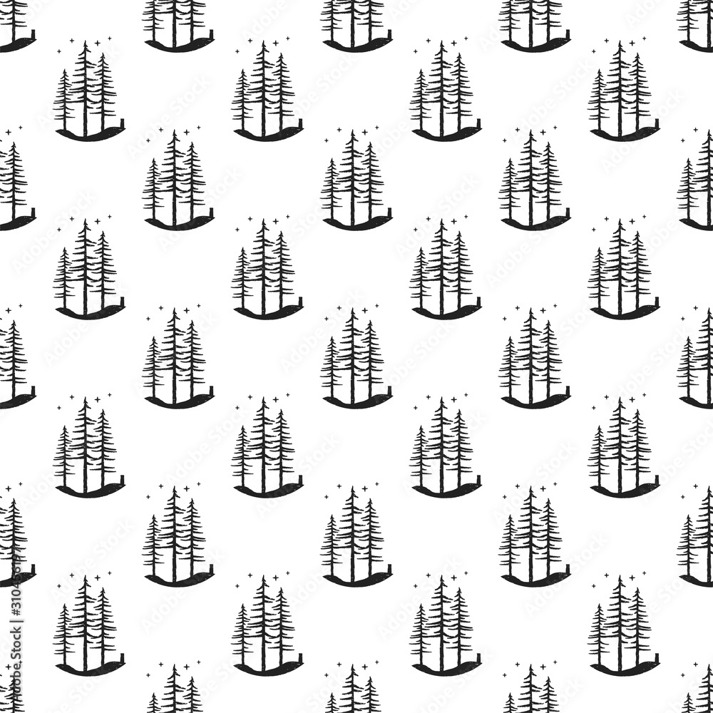 Pine tree pattern background. Simple seamless illustration of monochrome engraved fir trees. Stock wallpaper for web or prints isolated Pine tree pattern background. Simple seamless illustration of monochrome engraved fir trees. Stock wallpaper for web or prints isolated