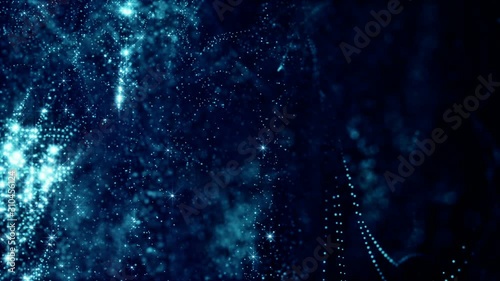 beautiful composition with blue luminous particles form wavy glow structures like in sci-fi or microworld or nano technology. 4k 3d looped smooth animation abstract background 4