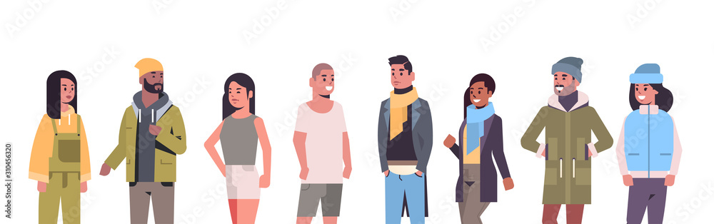 people in casual clothes standing together mix race guys and girls wearing seasonal clothes flat portrait horizontal vector illustration