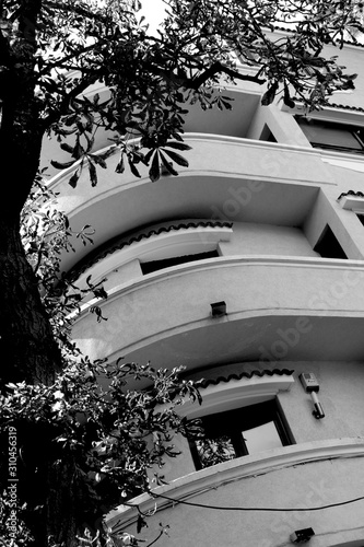 Architecture building with balconies and tree close up black and white photo