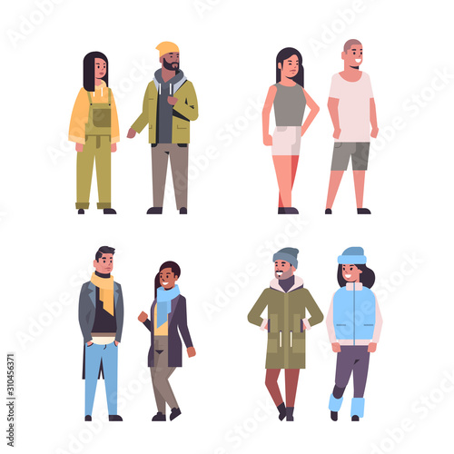 set people in casual clothes standing pose mix race guys and girls pairs wearing seasonal clothes flat full length vector illustration