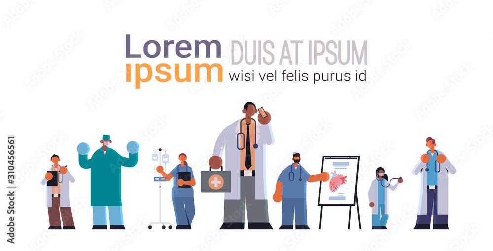 doctors in uniform different clinic hospital workers standing together medicine healthcare concept full length flat horizontal copy space vector illustration doctors in uniform different clinic hospital workers standing together medicine healthcare concept full length flat horizontal copy space vector illustration