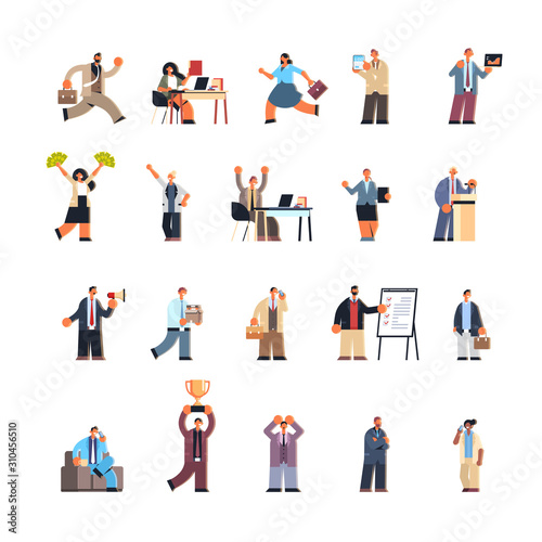 set business people in different working situations business men women team male female office workers collection flat full length vector illustration