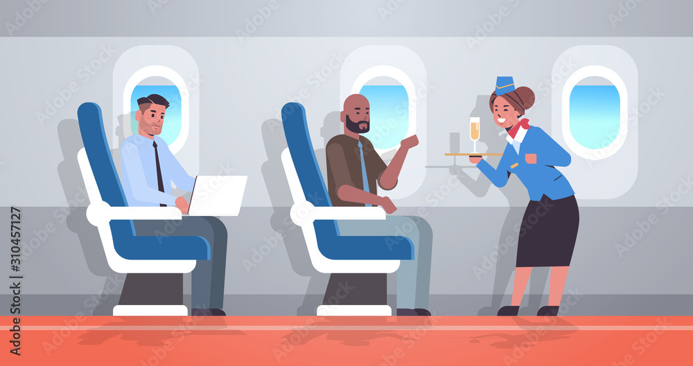 flight attendant serving alcohol drinks to passengers stewardess in uniform holding tray with champagne glass professional service travel concept airplane board interior full length horizontal vector flight attendant serving alcohol drinks to passengers stewardess in uniform holding tray with champagne glass professional service travel concept airplane board interior full length horizontal vector