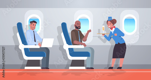 flight attendant serving alcohol drinks to passengers stewardess in uniform holding tray with champagne glass professional service travel concept airplane board interior full length horizontal vector