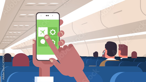 human hand holding smartphone with flight mode rules of airplane safety concept modern plane board with passengers horizontal flat vector illustration