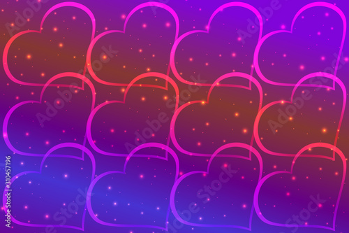 Abstract background of geometric hearts. Hearts with flickering highlights on a purple gradient.