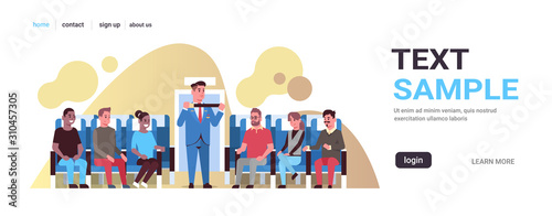 steward explaining for mix race passengers how to use seat belt fastening flight attendant in uniform safety demonstration concept airplane board interior horizontal copy space vector illustration