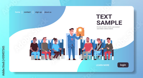 steward explaining for mix race passengers how to use life vest jacket male flight attendant in uniform safety demonstration concept airplane board interior horizontal copy space vector illustration