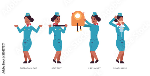set stewardess explaining instructions with life vest seat belt emergency exit and oxygen mask african american flight attendant in uniform safety demonstration concept horizontal full length vector