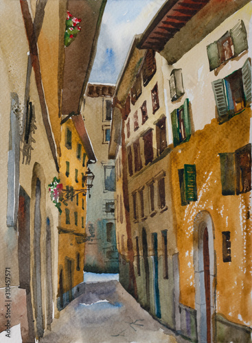 Narrow Florence street in a sunny day original watercolor painting, urban italian illustration, perspective deformation