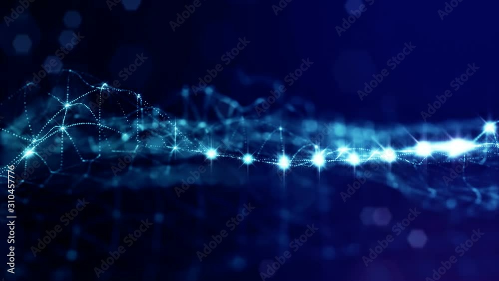 beautiful composition with blue luminous particles form wavy glow structures like in sci-fi or microworld or nano technology. 4k 3d looped smooth animation abstract background 7