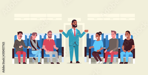 steward explaining instructions for mix race passengers african american flight attendant in uniform showing emergency exits safety demonstration concept airplane board interior horizontal vector