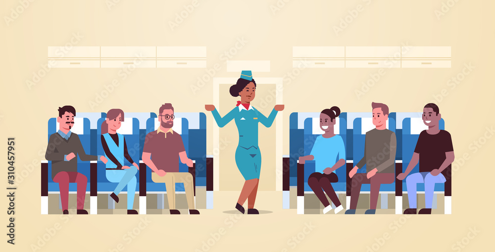 stewardess explaining instructions for mix race passengers african american flight attendant in uniform showing emergency exits safety demonstration concept airplane board interior horizontal vector