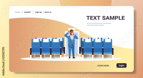 steward explaining how to use oxygen mask african american flight attendant in uniform safety demonstration concept airplane board interior horizontal copy space vector illustration