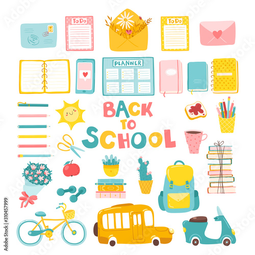 Back to school in childish cartoon style. Vector stock illustration. Study. A variety of colorful object. Isolated Icons for design, logos and stickers on a white background. © Світлана Харчук