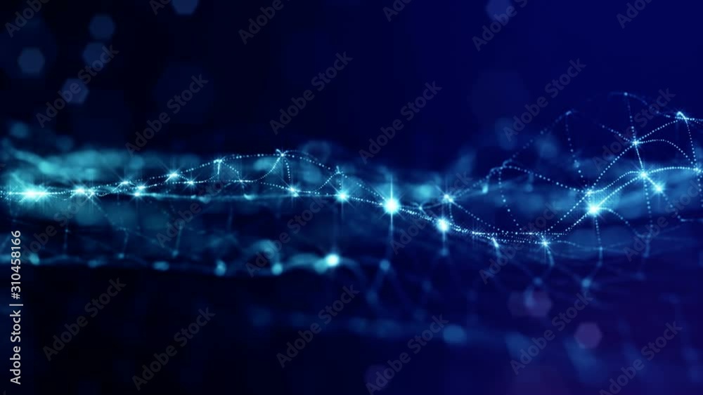 beautiful composition with blue luminous particles form wavy glow structures like in sci-fi or microworld or nano technology. 4k 3d looped smooth animation abstract background 8