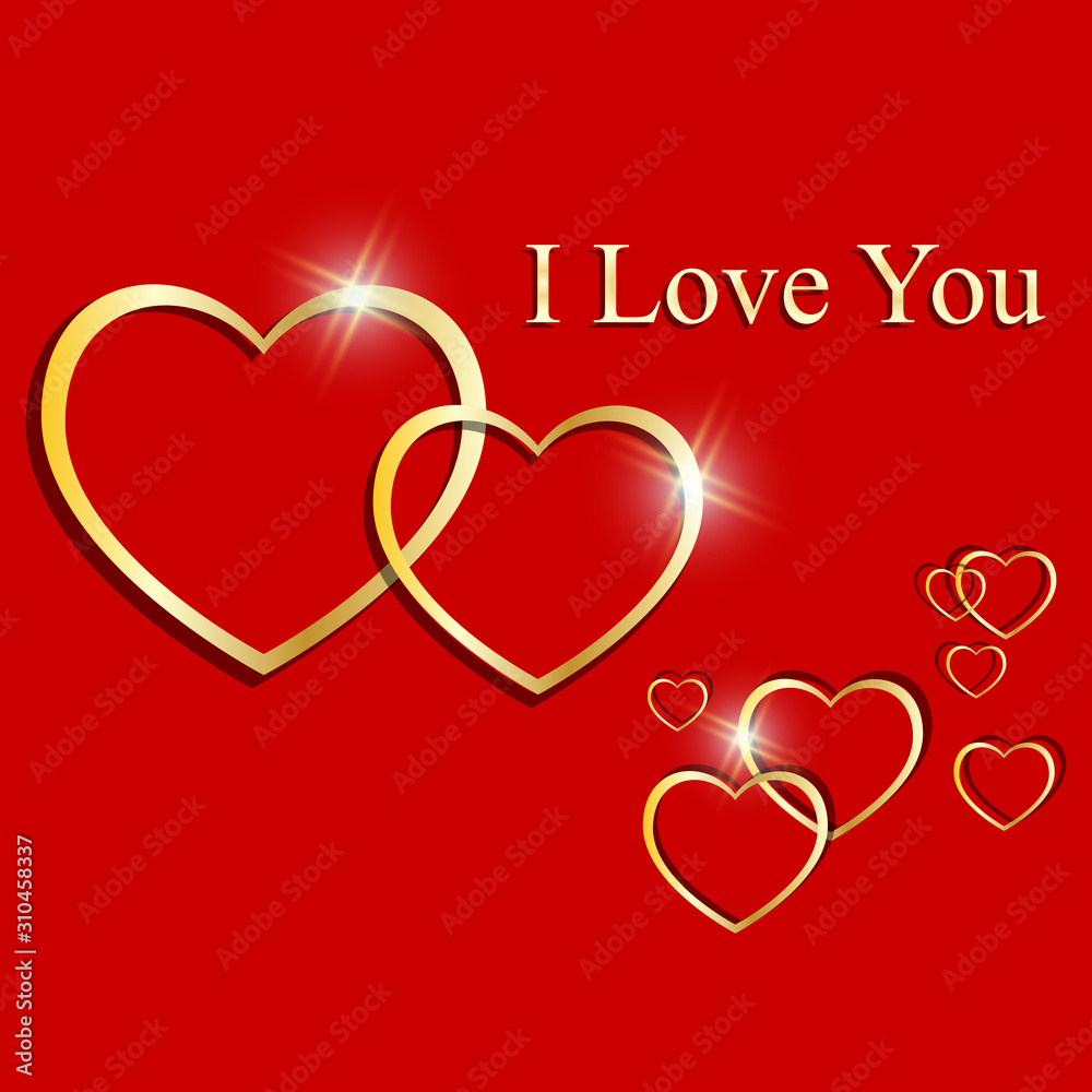 Golden hearts with highlights on a red background. The inscription I Love You on a festive background for Valentine's Day.